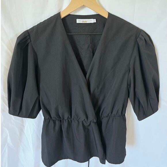 Rebecca Minkoff Mary Wrap Blouse Size S Black Crepe Puff Sleeve V-Neck - Picture 2 of 4
